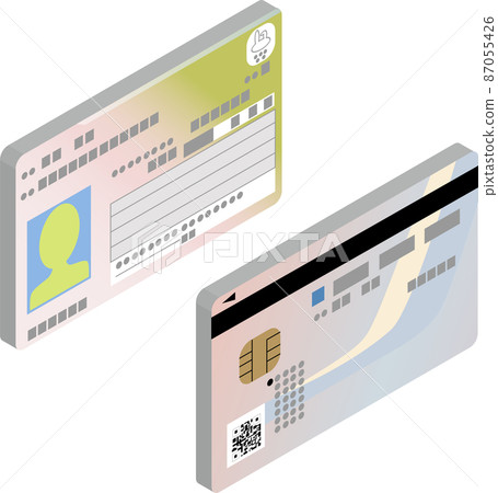 Right-facing illustration of the front and back of my number card without main line in 3D isometric style. 87055426