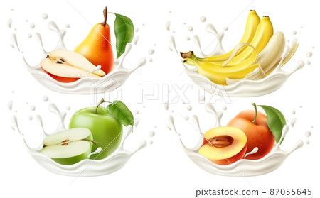 Realistic yogurt fruit splashes. Fermented milk drops and liquid bursts. Whole or half pear and peach. Banana or apple tastes. Probiotic product. Cream splatters. Vector food flavors set Realistic yogurt fruit splashes. Fermented milk drops and liquid bursts. Whole or half pear and peach. Banana or apple tastes. Probiotic product. Cream splatters. Vector food flavors set 87055645