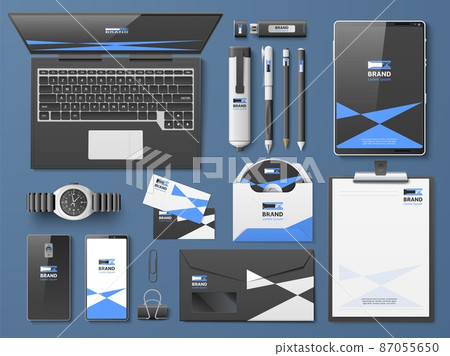 Realistic corporate branding identity design. Office desk top view. Business stationery. Gadgets and wrist clock. Dark theme with logo. Visit card and envelope. Vector workplace set Realistic corporate branding identity design. Office desk top view. Business stationery. Gadgets and wrist clock. Dark theme with logo. Visit card and envelope. Vector workplace set 87055650