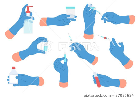 Medical hands. Doctor arms wearing surgical gloves hold different medical tools. Palms with injections and ampoules. Test tube and vaccine syringe. Vector instruments set for vaccination Medical hands. Doctor arms wearing surgical gloves hold different medical tools. Palms with injections and ampoules. Test tube and vaccine syringe. Vector instruments set for vaccination 87055654