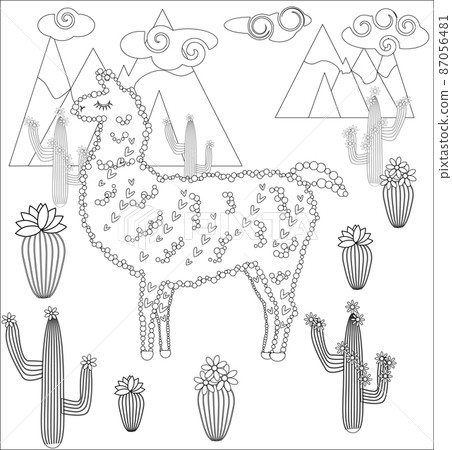 Coloring page of cartoon lama. Lama, coloring for adults and children Coloring page of cartoon lama. Lama, coloring for adults and children 87056481