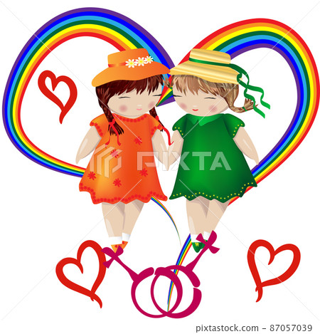 Lesbian couple. Two girls hold hands on the background of the iridescent heart and the symbol of a gay couple. Love of two women, homosexual love. Family of lesbians. LGBT couple Lesbian couple. Two girls hold hands on the background of the iridescent heart and the symbol of a gay couple. Love of two women, homosexual love. Family of lesbians. LGBT couple 87057039