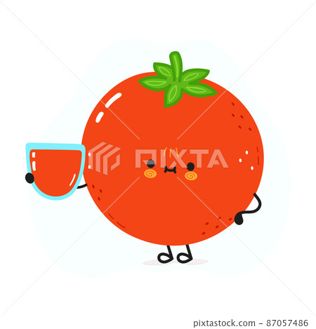 Cute tomato with glass of juice. Vector hand drawn doodle style cartoon character illustration icon design. Cute happy tomato and tomato juice Cute tomato with glass of juice. Vector hand drawn doodle style cartoon character illustration icon design. Cute happy tomato and tomato juice 87057486