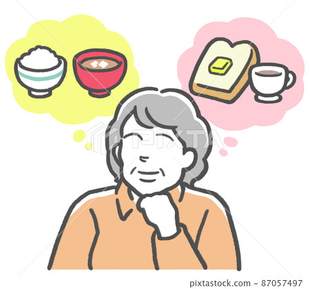 A middle-aged woman who imagines rice and bread and is wondering whether to choose Japanese or Western food A middle-aged woman who imagines rice and bread and is wondering whether to choose Japanese or Western food 87057497