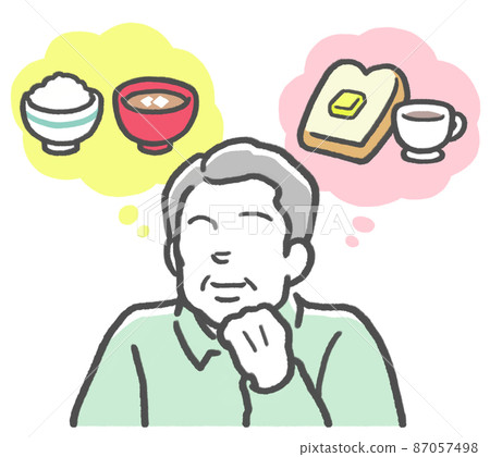 A middle-aged man who imagines rice and bread and is wondering whether to choose Japanese or Western food A middle-aged man who imagines rice and bread and is wondering whether to choose Japanese or Western food 87057498