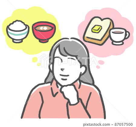 A young woman who imagines rice and bread and is wondering whether to choose Japanese or Western food A young woman who imagines rice and bread and is wondering whether to choose Japanese or Western food 87057500
