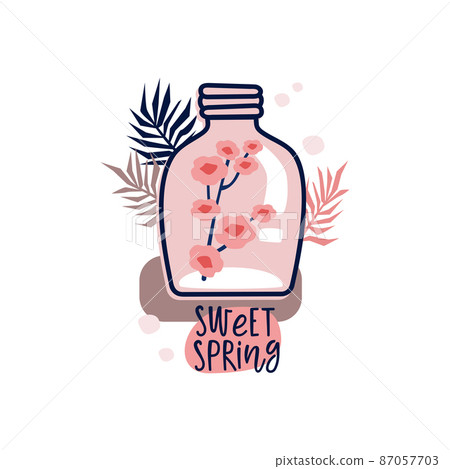 Vector illustration of a flower composition in pastel colors. Flowers with vase and lettering composition. For Valentine's Day. Poster for the interior, postcard, congratulation. In hand-drawn style 87057703