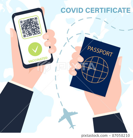 Covid-19 Passport for travel concept with vaccine and certificate. Hands with phone digital covid 19 certificate, vaccine green pass. Health vaccination online passport. Vector illustration EPS10 87058210