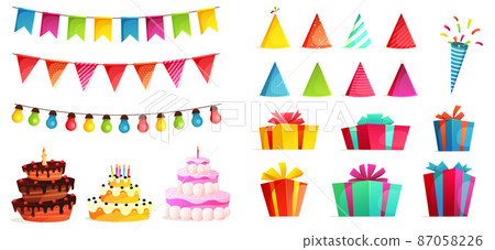 Birthday party isolated elements set with colorful presents fairy lights flags. Colorful balloons, carnival celebration food and candy. Gifts presents, sweet cupcakes and celebration cake. 87058226