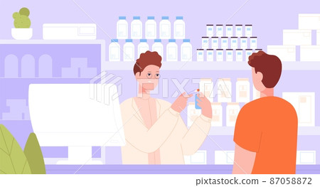 Pharmacist at pharmacy counter. Druggist pharmaceutical store talk customer, consult employee drugstore, behind apothecary shelves pills medical drug Pharmacist at pharmacy counter. Druggist pharmaceutical store talk customer, consult employee drugstore, behind apothecary shelves pills medical drug 87058872