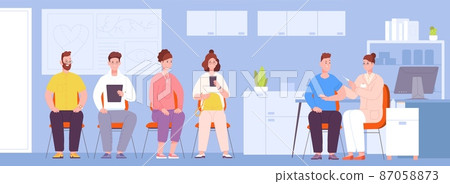 Antiviral injection for patients. Covid vaccine shot in arm, patient hospital corona virus vaccination, doctor nurse inject inoculation, flu treatment, splendid vector illustration 87058873