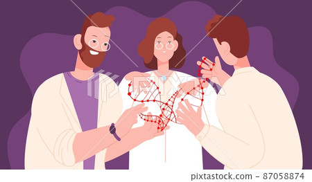 Scientists explore DNA. Scientist engineer study genome, scientific research gene modification, bio molecular analysis medical lab, explorer molecule, splendid vector illustration Scientists explore DNA. Scientist engineer study genome, scientific research gene modification, bio molecular analysis medical lab, explorer molecule, splendid vector illustration 87058874