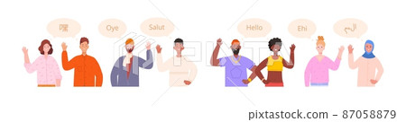 People sgreeting languages. Say hi hello greeting foreign student, different multilingual culture, translate international speech, bubble chat 87058879
