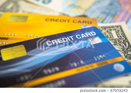 Credit card on EU banknotes. Finance development, Banking Account, Statistics, Investment Analytic research data economy, Stock exchange trading, Business company concept. 87059245