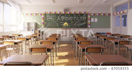 入學典禮當天的教室，黑板上畫著粉筆信息/新學校生活的概念形象 87059355