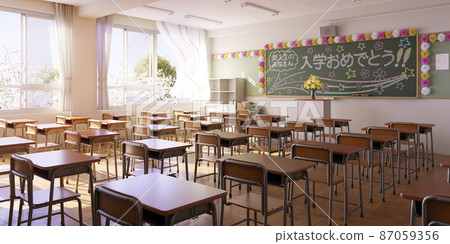 入學典禮當天的教室，黑板上畫著粉筆信息/新學校生活的概念形象 87059356