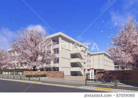 櫻花在藍天中翩翩起舞的畢業典禮當天的校門和校舍/春天的學校地點、畢業典禮、青春和懷舊形象 87059360