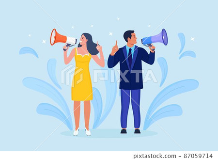 Business people holding megaphone and shouting through it. Announcement of good news. Attention please. Speaker with loudspeaker, bullhorn. Advertising and promotion. Social media marketing 87059714