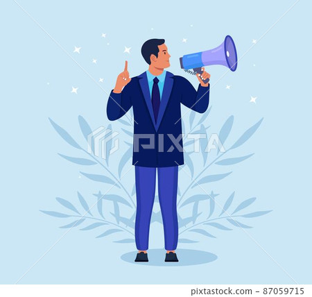 Businessman in suit holding megaphone and shouting through it. Announcement of good news. Attention please. Speaker, loudspeaker with bullhorn. Advertising and promotion. Social media marketing 87059715