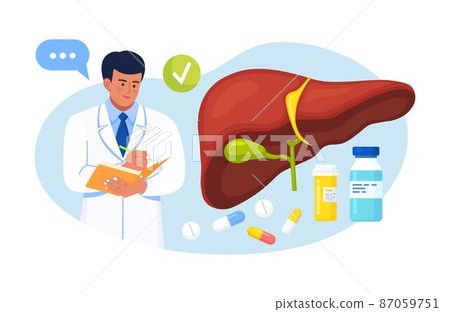 Doctor examining human liver for hepatitis, cancer, cirrhosis. Physician writing results of liver checkup. Medical laboratory research, diagnosis and treatment of internal organ 87059751