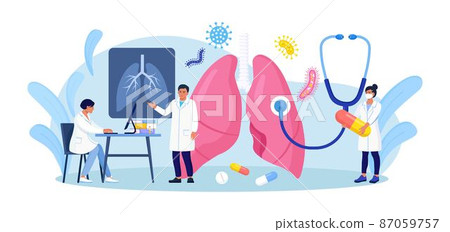 Pulmonology concept. Group of Doctors Check Up Lungs Affected by Coronavirus. Doctor Exam Respiratory System, Treat Lung Disease. Fibrosis, Tuberculosis, Pneumonia, Cancer 87059757