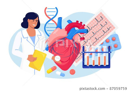 Cardiology. Cardiologist examine human heart. Doctor treat heart disease, check patient heartbeat and pulse, cardiogram, diagnosis stroke. Medical examination cardiovascular pressure 87059759