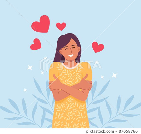 Love yourself. Groomed beautiful woman hugging herself. Love your body concept. Girls Healthcare Skincare. Take time for your self 87059760