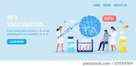 HPV vaccination for reduce virus infection risk or oncology. Human papillomavirus. HPV infection medication. Doctor vaccinate against cervical cancer. Scientist analyzing infected cells 87059764
