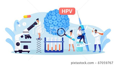 Human papillomavirus. Doctor diagnosis HPV virus. Cervical cancer early diagnostics and checkup. Scientist analyzing infected cells. HPV vaccination for reduce virus infection risk or oncology 87059767