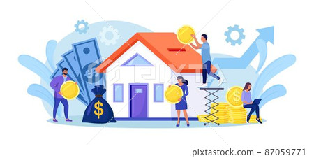 Tiny people buying house in debt. People investing money in property. Mortgage loan, ownership and savings. Home is like a piggy bank. Real estate investment, house purchase 87059771