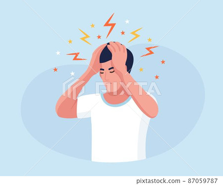 Sad man with strong headache, tired and exhausted person holding head in hands. Migraine, chronic fatigue and nervous tension, depression, stress or flu symptom Sad man with strong headache, tired and exhausted person holding head in hands. Migraine, chronic fatigue and nervous tension, depression, stress or flu symptom 87059787