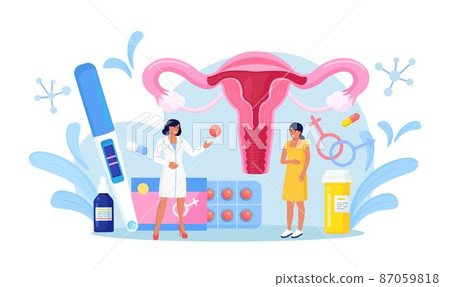 Gynecology checkup for women. Doctor gynecologist consult patient about fallopian tubes, ovary disease. Female reproductive system exam, treatment and therapy 87059818