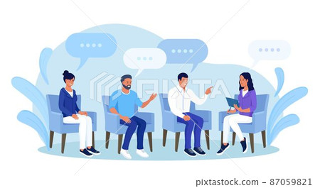 Addiction Treatment with Group Therapy. Doctor Psychologist Counseling with Diseased Patients. Psychotherapist Session. People Suffering from Problems, Attending Psychological Support Meeting 87059821