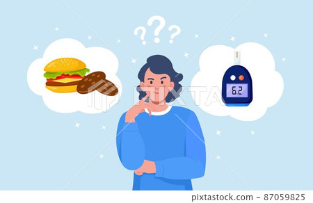 Woman choosing between burger, cookies and normal level of glucose in blood. Girl thinking about sweets, fast food and about glucometer. Choice between diabetes disease and health 87059825