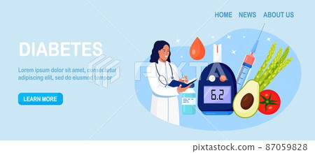 Doctor testing blood for sugar and glucose, using  glucometer for hypoglycemia or diabetes diagnosis. Physician with laboratory test equipment, syringe and vial, insulin 87059828