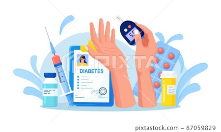 Measuring sugar in blood with glucometer. Testing blood for glucose for hypoglycemia or diabetes diagnosis. Patient with test equipment, syringe and vial, insulin, pills. World diabetic awareness day Measuring sugar in blood with glucometer. Testing blood for glucose for hypoglycemia or diabetes diagnosis. Patient with test equipment, syringe and vial, insulin, pills. World diabetic awareness day 87059829