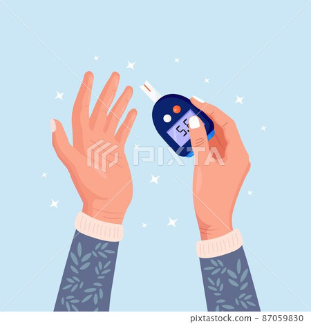 Diabetes. Patient testing blood for glucose, using glucometer for hypoglycemia or hyperglycemia diagnosis. Man measuring sugar level. World diabetic awareness day 87059830