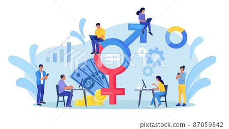 Man and woman working with big gender sign. Gender equality. Workforce without gender discrimination Fair job opportunity and salary, equal career opportunities. Equal rights between men and women Man and woman working with big gender sign. Gender equality. Workforce without gender discrimination Fair job opportunity and salary, equal career opportunities. Equal rights between men and women 87059842