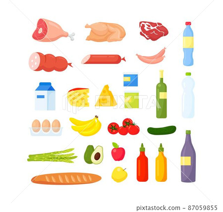 Different food set. Fruits and vegetables, meat and diary, bread and drinks. Vector illustration Different food set. Fruits and vegetables, meat and diary, bread and drinks. Vector illustration 87059855
