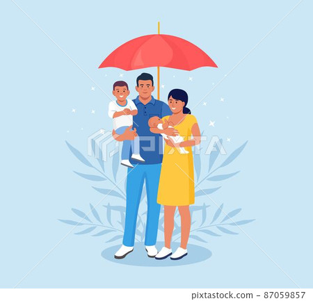 Family under umbrella. Life insurance, protection of health and life of children for travel or vacation. Future financial support in case of accident or illness. Healthcare protection 87059857