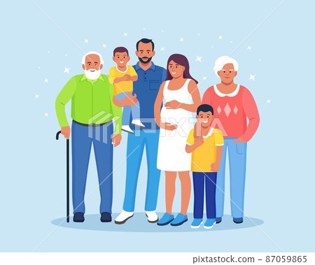 Happy big family standing together. Grandma, grandfather, mom, dad, children. Smiling relatives gathering in group. Multigenerational relationship 87059865