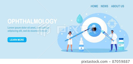 Ophthalmology, eye surgery. Ophthalmological operation treatment for eye disease.Tiny oculist in uniform making eyesight laser correction. Eyes care activity. Doctor checking patient vision 87059887