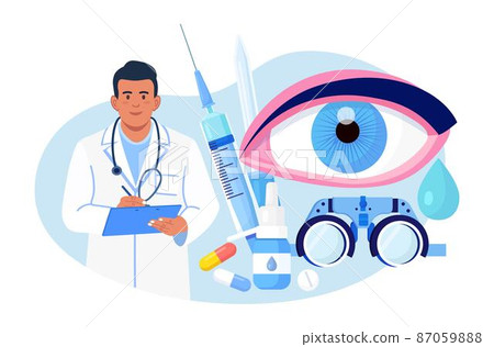 Ophthalmology medicine and optical eyesight examination. Idea of eye care and vision. Ophthalmologist doctor tests myopia. Patient sight correction, treatment with pills drops and glasses 87059888