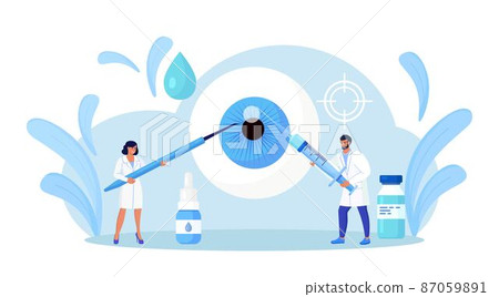 Ophthalmology, eye surgery. Ophthalmological operation treatment for eye disease.Tiny oculist in uniform making eyesight laser correction. Eyes care activity. Doctor checking patient vision 87059891