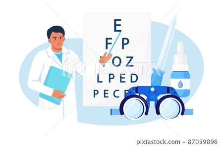 Doctor Ophthalmologist standing near Eye Test Chart. Ophthalmology Diagnostics, Checking Vision. Oculist Check Up Eyesight and Choosing Glasses. Vision Correction, Optometry 87059896