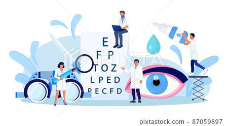 Ophthalmology concept. Ophthalmologist Doctor Checks Patient Eyesight. Optical Test for Eyes. Good Vision and Care. Oculist Pointing at Eye Test Chart. Ophthalmological Sight Examination and Treatment 87059897