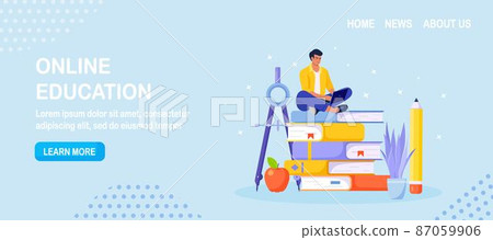 Online Education or Business Training. Pile of Books and Man Student Learning Web Courses or Tutorials by Laptop. Educational Web Seminar, Internet Classes, E-learning by Webinar 87059906