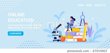 Online Education or Business Training. Pile of Books and woman Student Learning Web Courses or Tutorials by Laptop. Educational Web Seminar, Internet Classes, E-learning by Webinar Online Education or Business Training. Pile of Books and woman Student Learning Web Courses or Tutorials by Laptop. Educational Web Seminar, Internet Classes, E-learning by Webinar 87059907