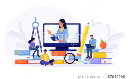 E-learning, Online education at home by webinar training. Young people using laptop for distance studying. Guys sitting on pile of books and reading. Business training, study guides, exam preparation 87059908