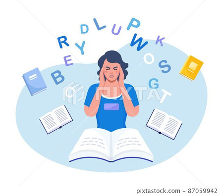 Dyslexia concept. Young girl difficulty in reading. Upset disappointed person with scattered letters above his head and books. Mental disorder trouble with reading. Logopedics, speech therapy lessons Dyslexia concept. Young girl difficulty in reading. Upset disappointed person with scattered letters above his head and books. Mental disorder trouble with reading. Logopedics, speech therapy lessons 87059942